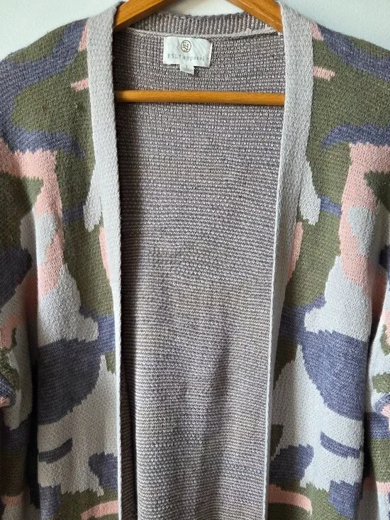 EUC FSL APPAREL CAMO PATTERN LONGLINE OPEN CARDIGAN SWEATER SIZE L - Picture 2 of 16